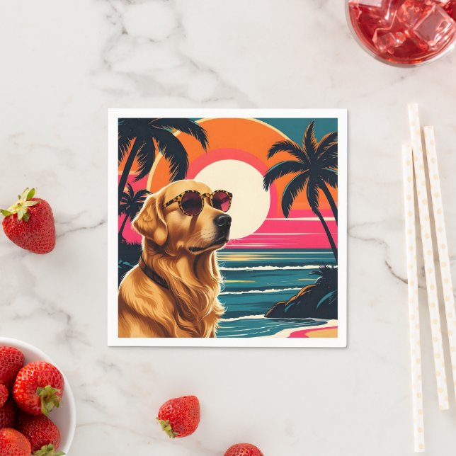 Retro Dog Sunglasses Vintage Sunset Beach  Napkin (Insitu)