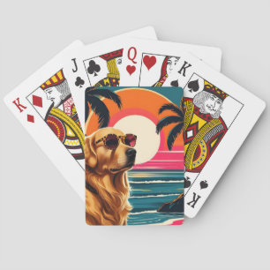 Retro Dog Sunglasses Vintage Sunset Beach  Playing Cards