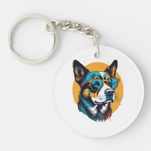 Retro Dog wearing sunglasses Keychain (Front)