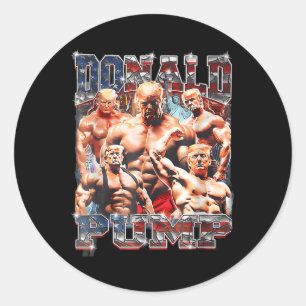 Retro Donald Pump Gym Collage Photo Meme Funny Classic Round Sticker