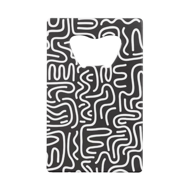 Retro Doodle Wavy Lines: Monochrome Credit Card Bottle Opener (Front)