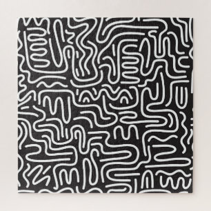 Retro Doodle Wavy Lines: Monochrome Jigsaw Puzzle