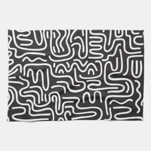 Retro Doodle Wavy Lines: Monochrome Kitchen Towel