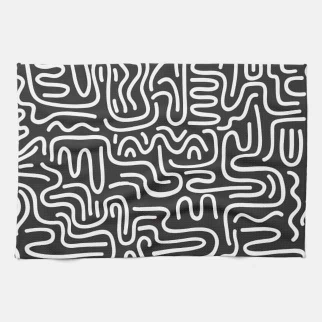Retro Doodle Wavy Lines: Monochrome Kitchen Towel (Horizontal)