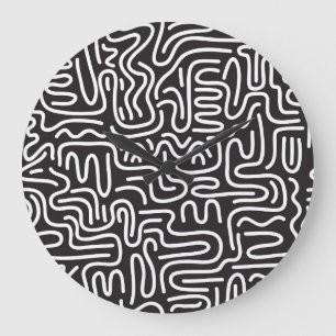 Retro Doodle Wavy Lines: Monochrome Large Clock
