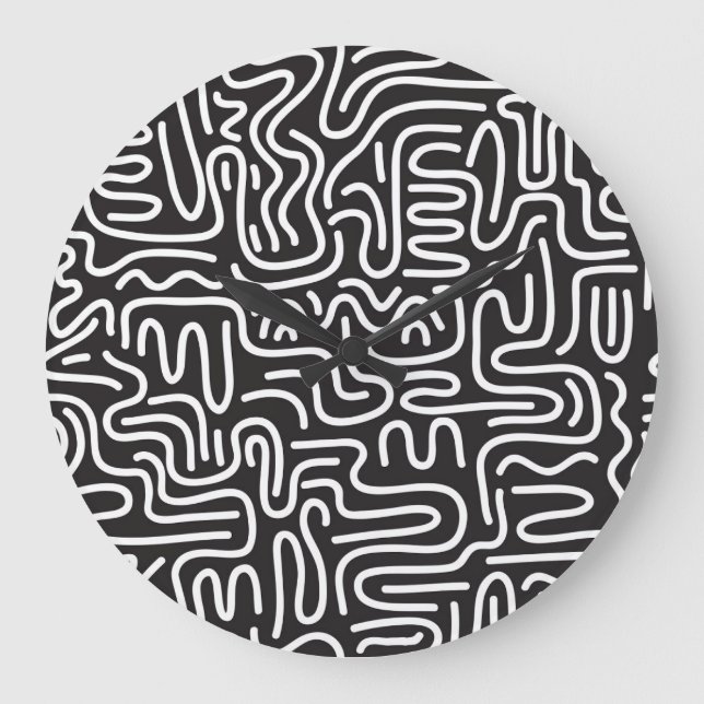 Retro Doodle Wavy Lines: Monochrome Large Clock (Front)