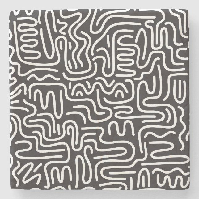 Retro Doodle Wavy Lines: Monochrome Stone Coaster (Front)