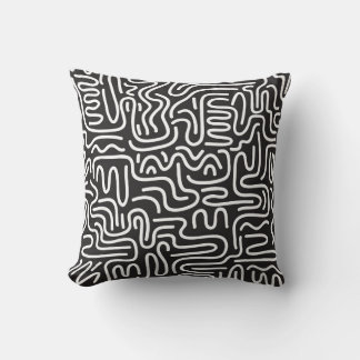 Retro Doodle Wavy Lines: Monochrome Throw Pillow