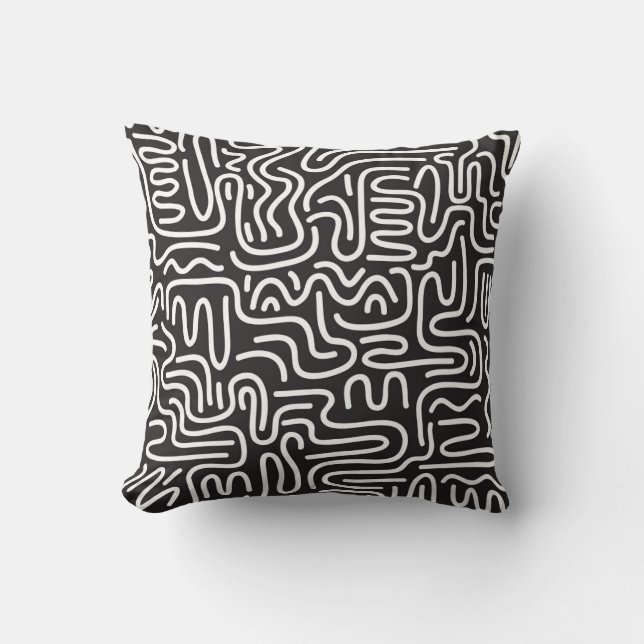 Retro Doodle Wavy Lines: Monochrome Throw Pillow (Front)