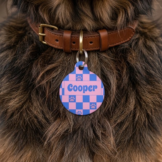 Retro Dopamine Pink Blue Personalized Pet ID Tag (Creator Uploaded)