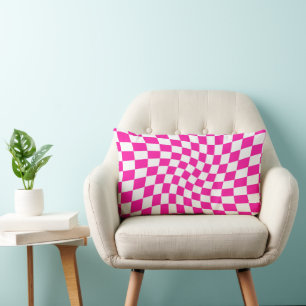 Retro Dorm Hot Pink Warped Checks Chequered  Lumbar Pillow