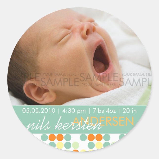 Retro Dots Aqua • Baby Announcement Classic Round Sticker (Front)
