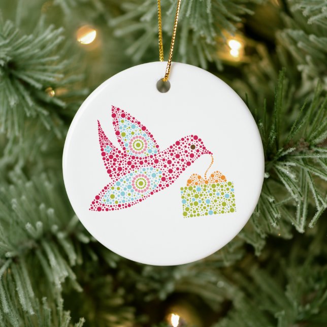 Retro Dots Christmas Bird, Peace Dove Ceramic Ornament (Tree)