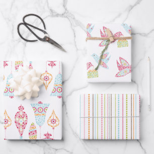 Retro Dots Christmas Birds and Ornaments Wrapping Paper Sheet