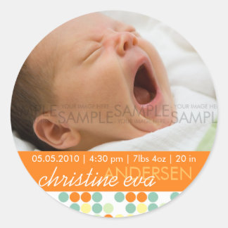 Retro Dots Orange • Baby Announcement Classic Round Sticker