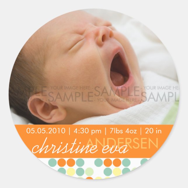 Retro Dots Orange • Baby Announcement Classic Round Sticker (Front)
