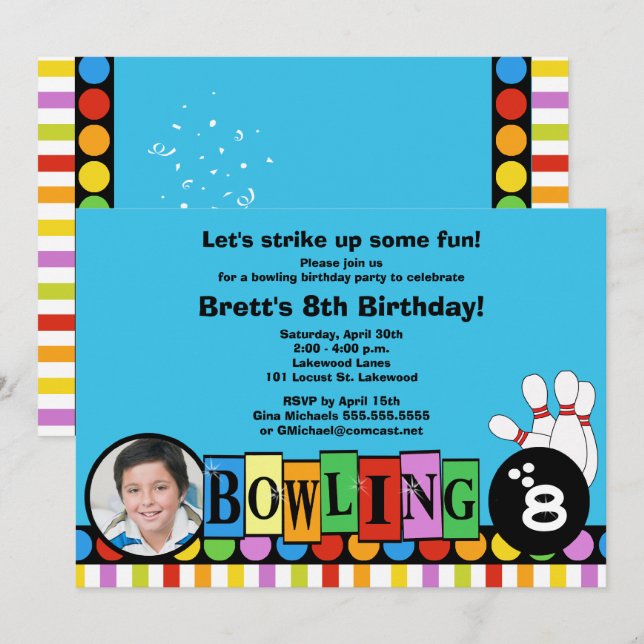 Retro Dots & Stripes Birthday Bowling Party Invite (Front/Back)