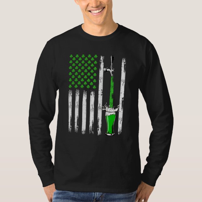 Retro Draft Beer American Flag Shamrock St Patrick T-Shirt (Front)