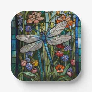 Retro Dragonfly boho floral botanical stain glass Paper Plate