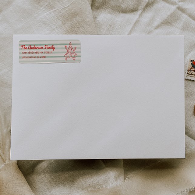 Retro Drawn Green Red Funny Christmas Tree Address (Créateur téléchargé)