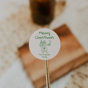 Retro Drawn Green Santa Claus Merry Christmas Classic Round Sticker