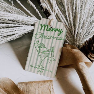 Retro Drawn Green Stripes Santa Claus Christmas Gift Tags