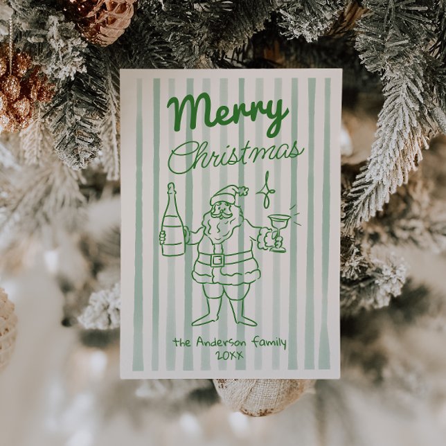 Retro Drawn Santa Champagne Christmas Non Photo Holiday Card (Creator Uploaded)