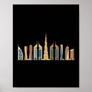 Retro dubai skyline burj khalifa uae travel poster