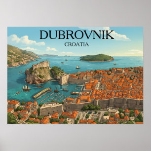 Retro Dubrovnik Adriatic Coast Illustration Travel Poster