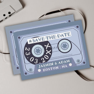 Retro Dusty Blue Cassette Tape Wedding Save The Date