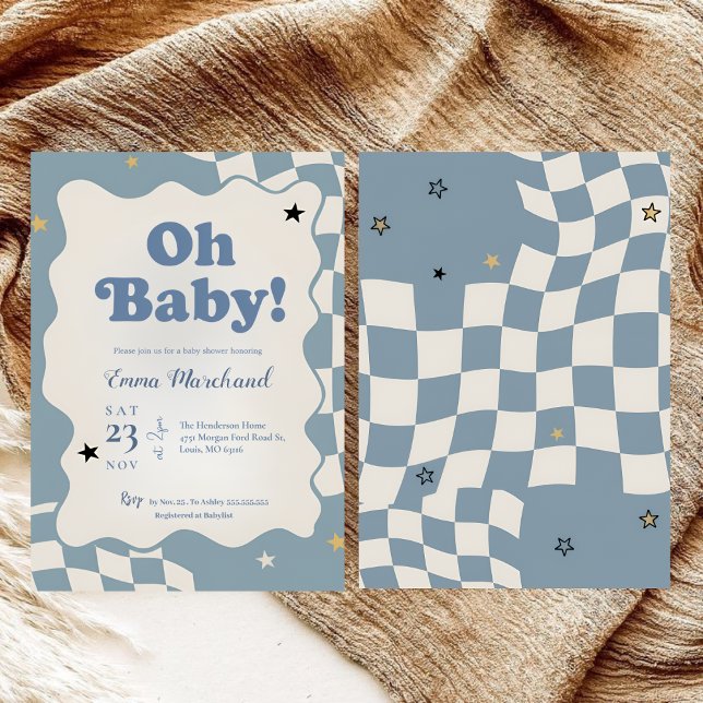 Retro Dusty Blue Checkered Oh Baby Baby Shower Invitation (Creator Uploaded)