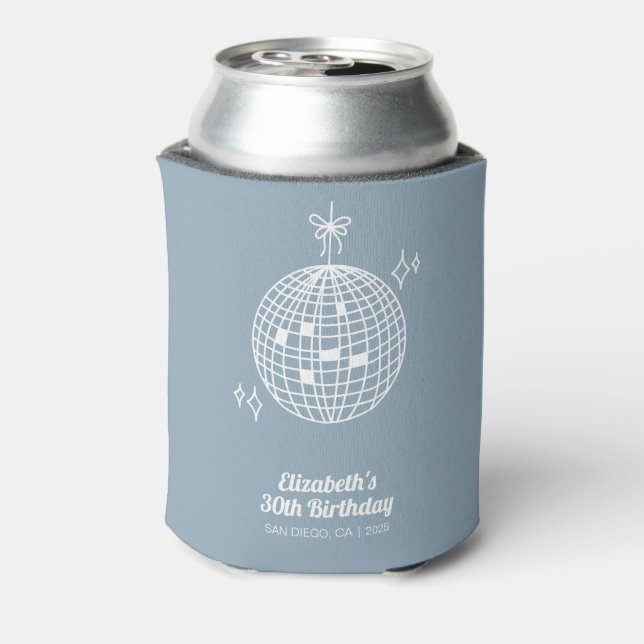 Retro Dusty Blue Disco Ball Birthday Personalized Can Cooler (Can Back)