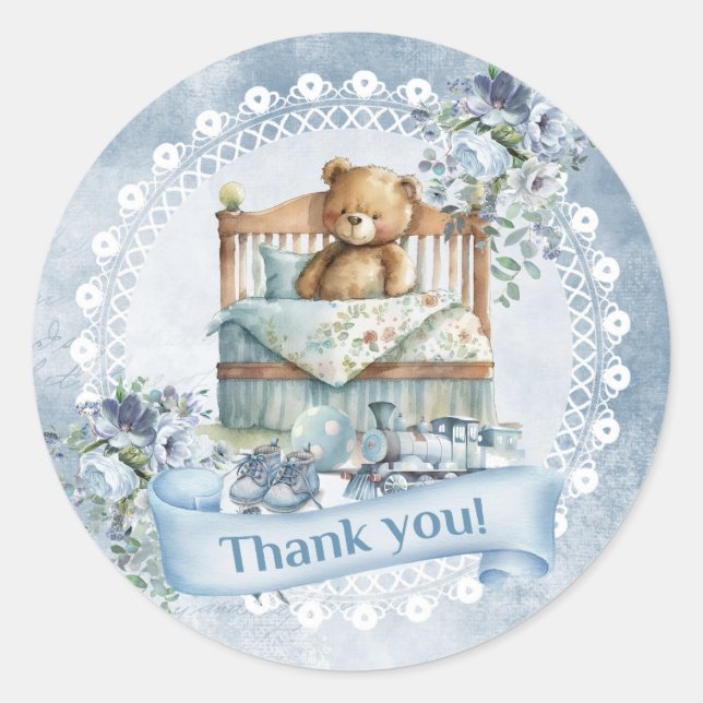 Retro dusty blue flowers teddy bear boy birthday classic round sticker (Front)
