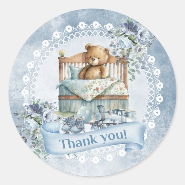 Retro dusty blue flowers teddy bear boy birthday classic round sticker (Front)