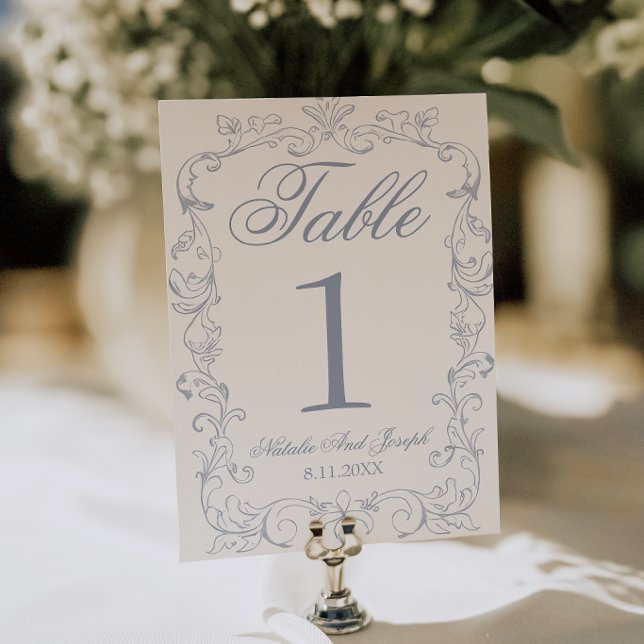 Retro Dusty Blue Old Money Wedding Table Number (Creator Uploaded)