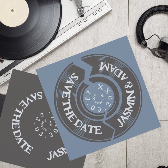 Retro Dusty Blue Vinyl Record Groovy Wedding Save The Date (Creator Uploaded)