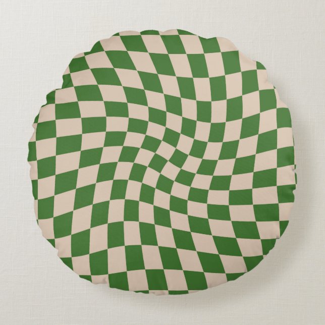 Retro Dusty Green Checks Warped Chequered  Round Pillow (Front)