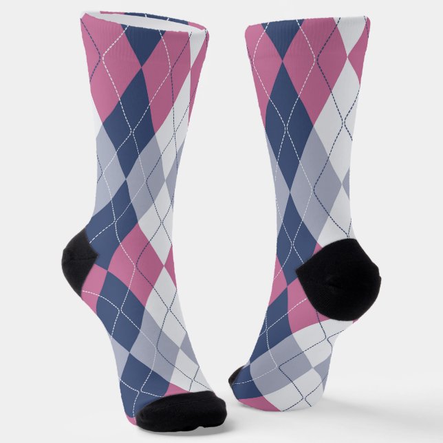 Retro Dusty Pink Slate Blue Navy Preppy Argyle Socks (Angled)