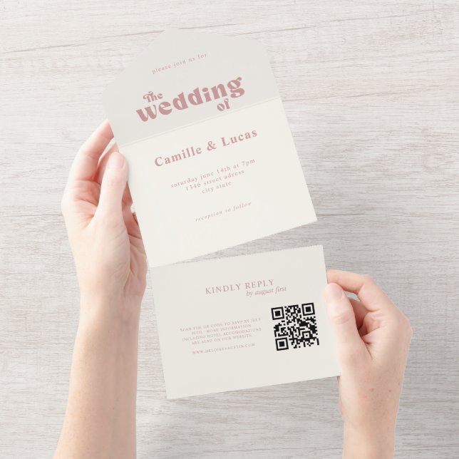 Retro Dusty Rose QR Code All in one invitation (Tearaway)