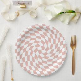 Retro Dusty Rose Sand Pink Checks Chequered     Paper Plate