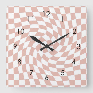 Retro Dusty Sand Pink Checks Warped Chequered    Square Wall Clock