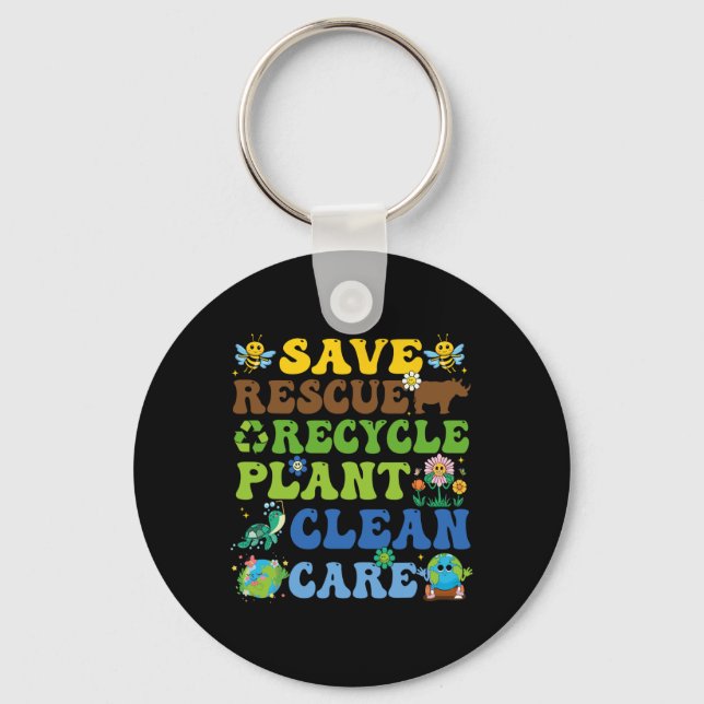Retro Earth Day Save Bees Rescue Animals Recycle P Keychain (Front)
