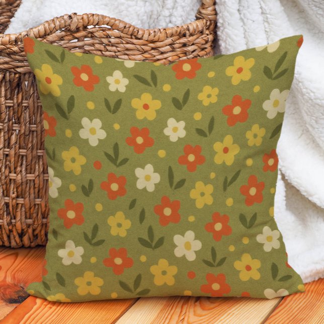 Retro Earth Tone Olive Orange Gold Floral  Throw Pillow (Retro floral pillow with orange, olive green, mustard yellow, and cream-colored flowers)