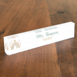 Retro Earthy Colours Rainbow and Sun Teacher Nameplate