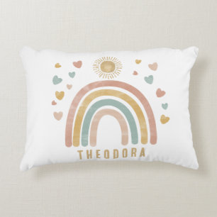 Retro Earthy Colours Watercolor Rainbow and Sun  Accent Pillow