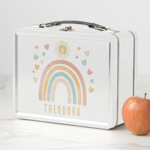 Retro Earthy Colours Watercolor Rainbow and Sun Metal Lunch Box