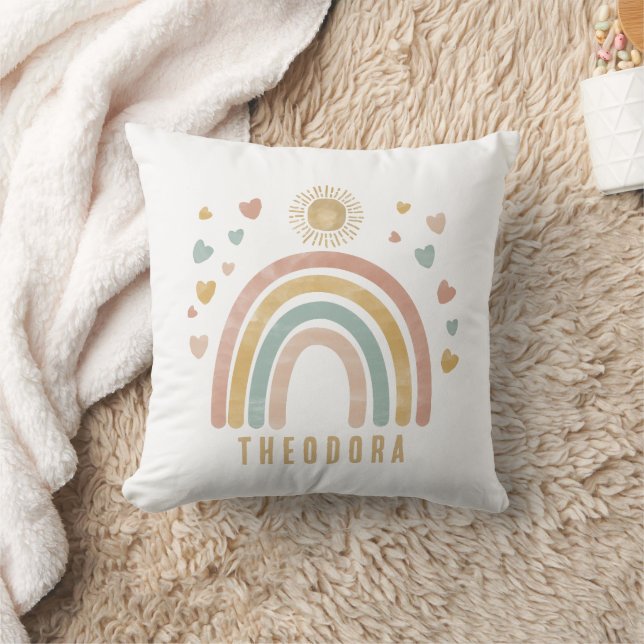 Retro Earthy Colours Watercolor Rainbow and Sun Throw Pillow (Blanket)