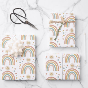 Retro Earthy Colours Watercolor Rainbow Sun Patter Wrapping Paper Sheet