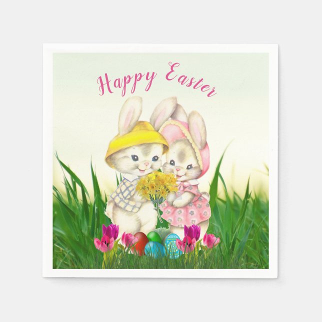 Retro Easter Bunnies with Spring Flowers / Party Napkin (Front)