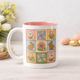 Retro Easter Bunny Floral Quilt Pattern  Two-Tone Coffee Mug